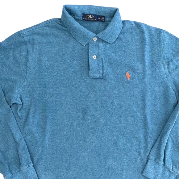Polo Ralph Lauren Long Sleeve Polo Shirt Mens Sz L Blue Teal Color Orange Pony - Picture 7 of 9